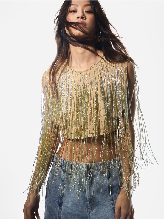 Nasty Gal Tops - Ombré Tassel Beaded Fringe Crop Top / Cape